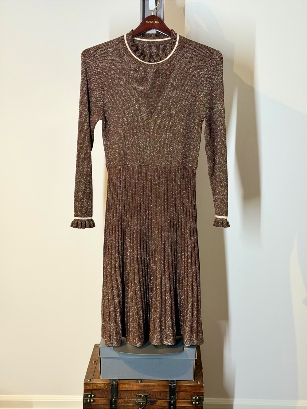 Metallic Brown Long-Sleeve Pleated Knit Dress